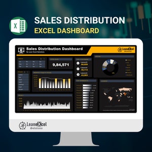 Op de afbeelding: Een computerscherm dat een verkoopdistributiedashboard weergeeft met grafieken en diagrammen. Het dashboard toont de totale verkoop, de topklanten, de topproducten en regionale verkoopgegevens. Het dashboard is ontworpen in een donker kleurenschema met gele accenten.