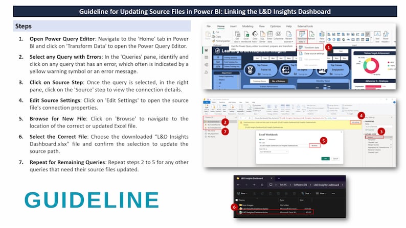 May include: A step-by-step guide on how to update source files in Power BI, linking the L&D Insights Dashboard. The guide includes screenshots of the Power BI interface, showing the steps to navigate to the 'Home' tab, select a query with errors, click on the 'Source' step, edit source settings, browse for a new file, select the correct file, and repeat the process for remaining queries.