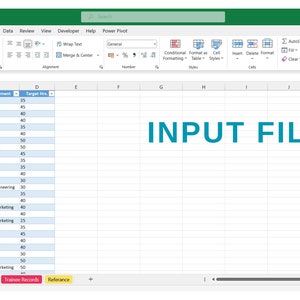 May include: A spreadsheet with a list of employee IDs, names, departments, and target figures. The spreadsheet is titled "INPUT FILES".