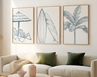 Set di stampe con tavole da surf e palme: arte costiera della casa sulla spiaggia (download digitale)