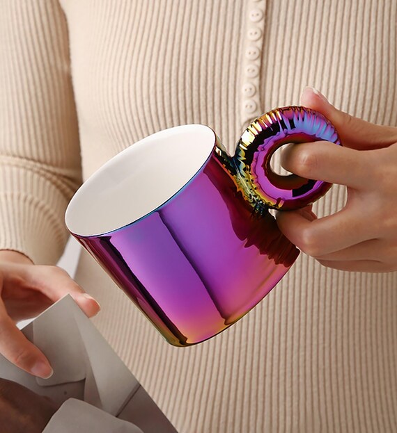 Iridescent Rainbow Mug: Ceramic Coffee Cup with Balloon Handle