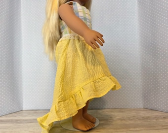 Butter Yellow Sleeveless Summer Sundress with Plaid Bodice and Hi Low Ruffled Hem