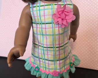 Plaid Sleeveless Mod Dress with Ruffle Hem, Flower Buttons and Rick Rack, Easter Spring Summer 18 Inch Doll Dress in Brights on White