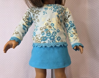 Turquoise Blue Skort and Floral Top with Lace Trim, Fits American Girl®