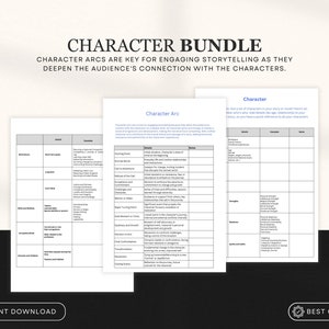 Könnte beinhalten: Druckbare Charakterbogen- und Charakterentwicklungs-Arbeitsblätter. Die Arbeitsblätter sind in Schwarzweiß mit grauen Textfeldern. Der Text auf den Arbeitsblättern enthält "Charakterbogen" und "Charakter".
