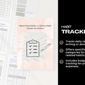 Può includere: Un tracker di abitudini stampabile rosa e bianco per scrittori. Il tracker include una checklist, un tracker di conteggio delle parole, un tracker di budget e un tracker di obiettivi a lungo termine. Il testo sulla pagina recita "Master Your Habits: A Lifetime Habit Tracker for Writers" e "HABIT TRACKER".
