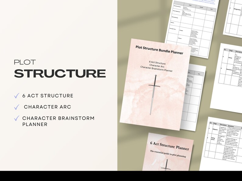 May include: A pink and white watercolour background with a black sword graphic. The text "Plot Structure Bundle Planner" is at the top of the page. The text "6 Act Structure Character Arc Character Brainstorm Planner" is below the sword graphic. The text "6 Act Structure Planner" is at the bottom of the page. The text "The essential guide to plot planning" is below the text "6 Act Structure Planner".