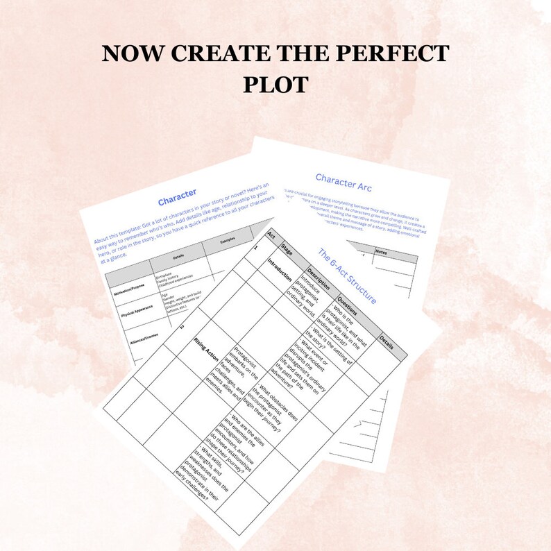 May include: A printable worksheet with the title "Now Create the Perfect Plot" and a table labelled "Character" with headings for "Archetype", "Details", "Examples", "Physical Appearance", "Habits", and "Rising Action".  The worksheet is designed to help writers develop their characters and plot.