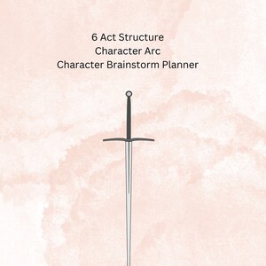 May include: A black sword with a silver blade and a silver pommel. The sword is on a pink and white watercolour background. The text "Plot Structure Bundle Planner" is at the top of the image. The text "6 Act Structure", "Character Arc", and "Character Brainstorm Planner" is below the sword.