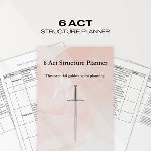 May include: A pink and white printable worksheet with the title "6 Act Structure Planner: The essential guide to plot planning". The worksheet is a table with columns for stage, description, questions, details, and examples. The worksheet is designed to help writers plan their stories.