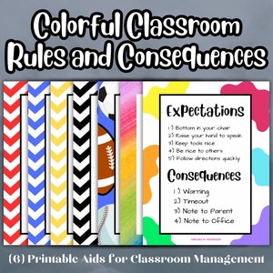 May include: Six colorful printable classroom management posters with a sports theme. The posters include rules and consequences for students. The rules are: Bottom in your chair, Raise your hand to speak, Keep tools nice, Be nice to others, Follow directions quickly. The consequences are: Warning, Timeout, Note to Parent, Note to Office.