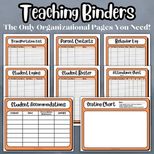 Orange Teaching Binder Essentials, 8 Documents for Easy Classroom Management, Printable Back to School Organization Bundle for Teachers