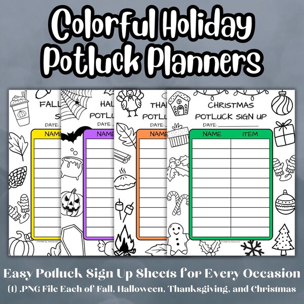 Holiday Potluck Planner Pack, Office Party Sign Up Sheet Bundle, Seasonal Gathering Organization Pages, 4 Themed Files for Instant Download