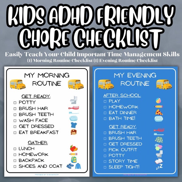 Kids ADHD Friendly Routine Checklists, 2 Page Printable Planner for Parents, Daily Chore Chart for Children, Morning and Evening Task List