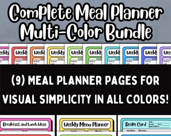 Complete Meal Planner, Multi-Color Pack, Designed for Visual Simplicity, 9 Pages in 10 Colors, Download Instantly and Print Yourself Today!