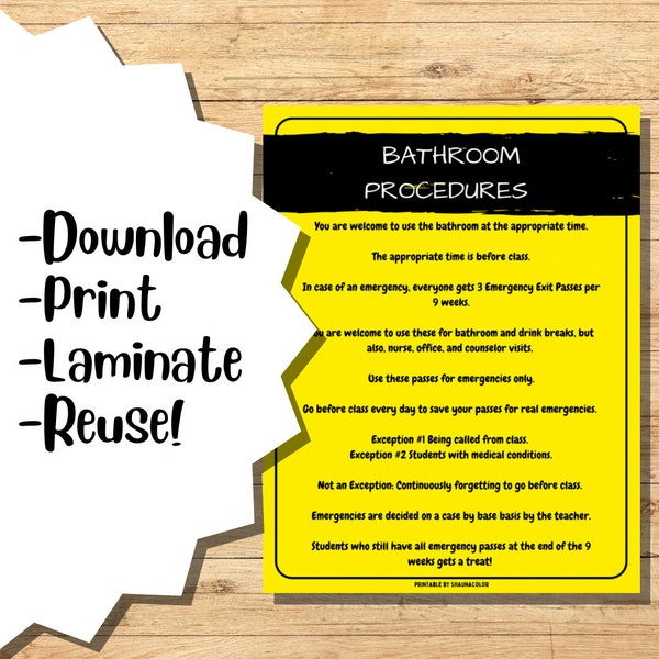 Classroom Rules for Bathroom Policies and Procedures Visual Aid Printable Sign for Teachers and Students Instant Download by ShaunaColor