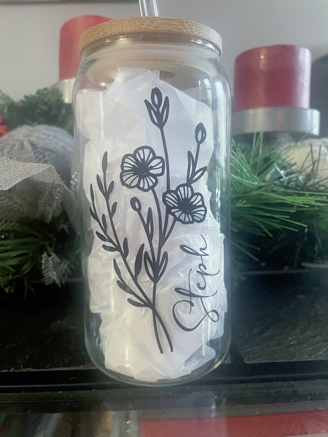 Custom Glass Cup, Personalized Glass Cup, Glass Cup With Name, Flower