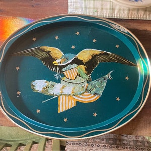 Teal Vintage Americana Serving Tray with Bald Eagle design - 4th of July Decor