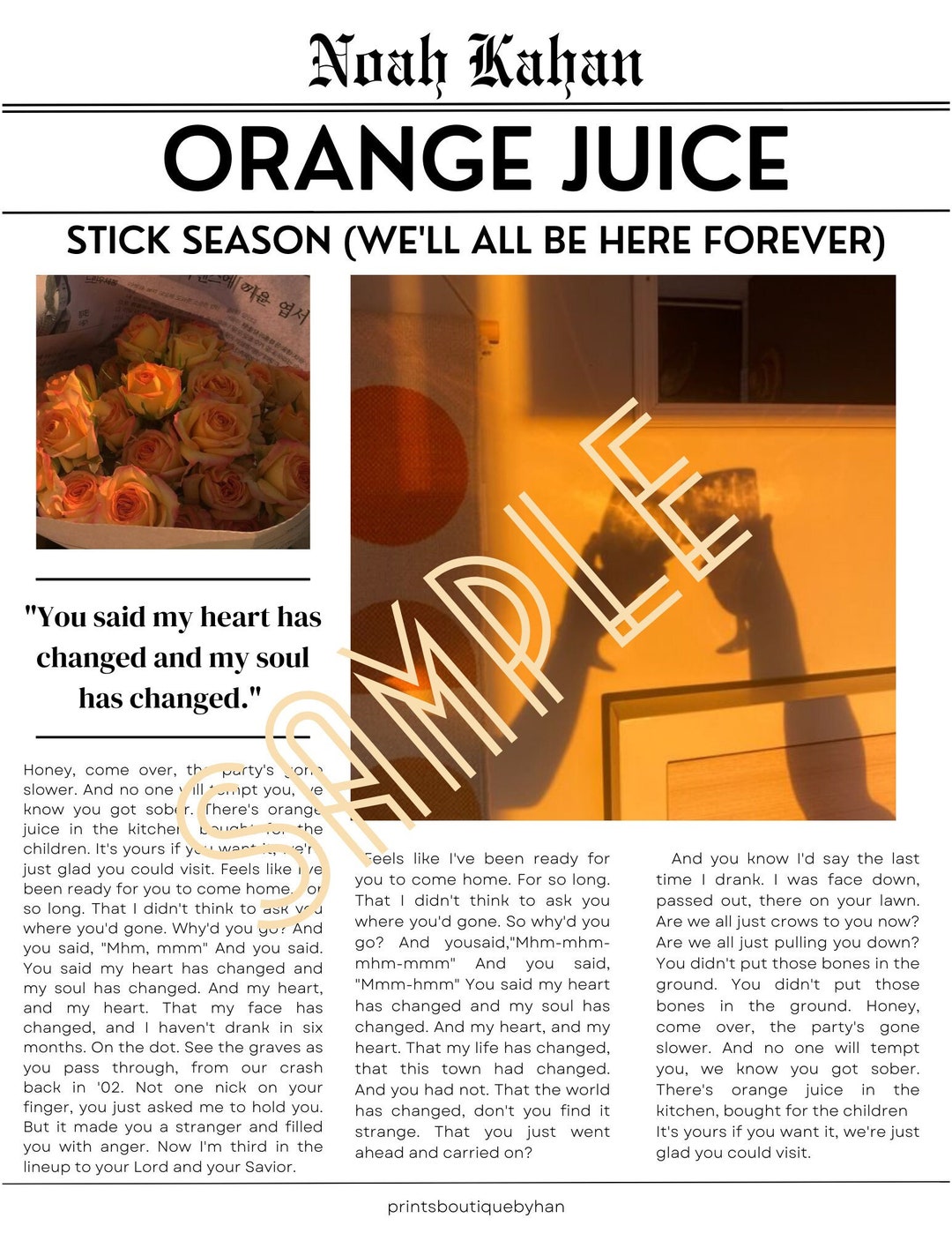 Noah Kahan Orange Juice Print Etsy