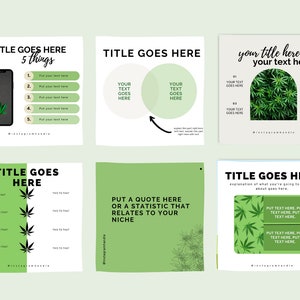 Op de afbeelding: Een set van negen Instagram-posttemplates met een groen cannabisbladontwerp. De templates bevatten tekstvakken voor titels, beschrijvingen en opsommingstekens. De templates zijn ontworpen om te worden gebruikt voor het promoten van cannabisgerelateerde bedrijven of producten.