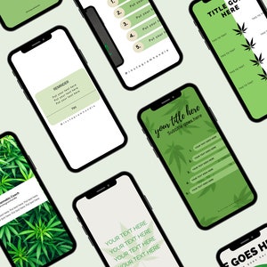 Op de afbeelding: Een verzameling telefoonbeeldscherm-mockups met een groen cannabisbladontwerp. De mockups bevatten tekstvakken om titels, ondertitels en tekst toe te voegen. De tekst op een mockup luidt "uw titel hier" en "Ondertitel hier". Een andere mockup toont de tekst "TITEL HIER".