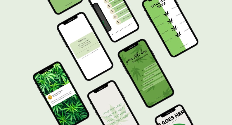 Op de afbeelding: Een verzameling telefoonbeeldscherm-mockups met een groen cannabisbladontwerp. De mockups bevatten tekstvakken om titels, ondertitels en tekst toe te voegen. De tekst op een mockup luidt "uw titel hier" en "Ondertitel hier". Een andere mockup toont de tekst "TITEL HIER".