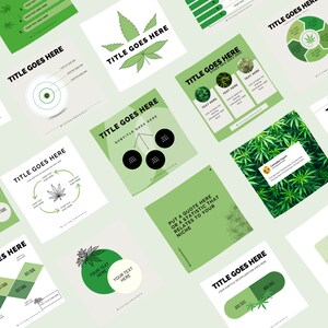 Op de afbeelding: Een verzameling van 12 groene en witte social media-sjablonen met verschillende grafische ontwerpen met een cannabisbladthema. De sjablonen bevatten grafieken, diagrammen en tekstvakken om informatie toe te voegen.