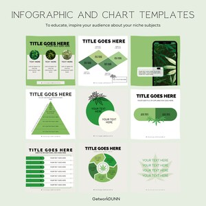 Op de afbeelding: Negen infographic- en diagramtemplates met een groen bladthema. De sjablonen omvatten een staafdiagram, een cirkeldiagram, een piramidediagram, een Venn-diagram en een mobiel telefoonscherm met een groene bladerenachtergrond.