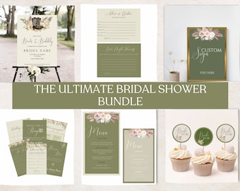 BOHO- Bridal Shower Bundle Templates, Bridal Shower Invitation Set, Printable Bridal Shower Template, Olive Green Bridal Shower Invite