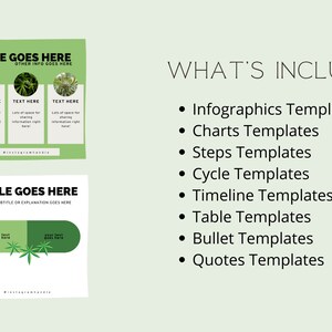 Op de afbeelding: Een set groene en witte infographic-sjablonen met een gestileerd cannabisbladontwerp. De sjablonen omvatten infographics, grafieken, stappen, cycli, tijdlijnen, tabellen, opsommingstekens en citaten.