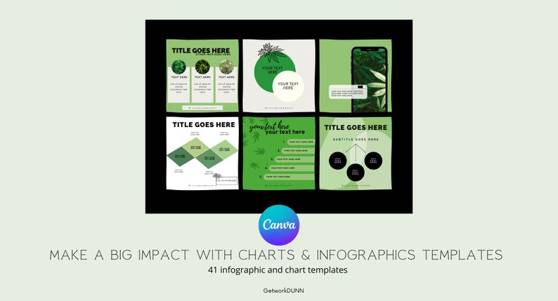 Op de afbeelding: Een set van zes groene en witte infographic sjablonen met een bladerontwerp. De sjablonen bevatten verschillende grafiektypen, waaronder een cirkeldiagram, een staafdiagram, een lijndiagram en een stroomdiagram. De tekst "TITLE GOES HERE" staat op elk sjabloon.