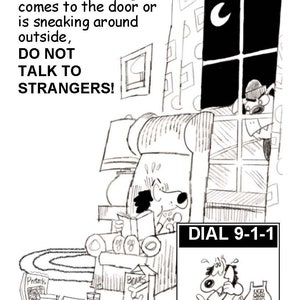 K&ouml;nnte beinhalten: Schwarz-wei&szlig;-Cartoon-Illustration eines Hundes, der in einem Stuhl ein Buch liest. Der Hund ist ver&auml;ngstigt und schaut &uuml;ber die Schulter. Der Text "SPRECHEN SIE NICHT MIT FREMDEN!" befindet sich oben im Bild. Der Text "W&Auml;HLEN SIE 9-1-1" befindet sich unten im Bild.