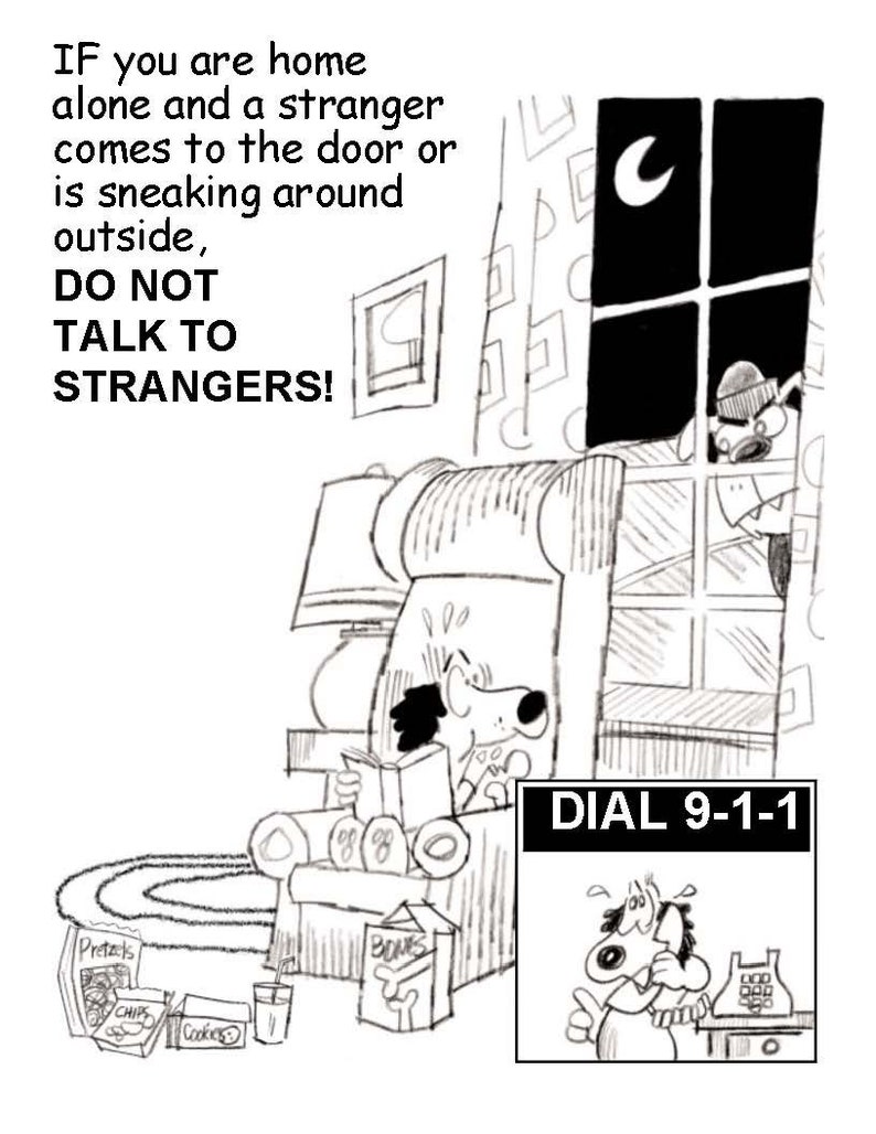 K&ouml;nnte beinhalten: Schwarz-wei&szlig;-Cartoon-Illustration eines Hundes, der in einem Stuhl ein Buch liest. Der Hund ist ver&auml;ngstigt und schaut &uuml;ber die Schulter. Der Text "SPRECHEN SIE NICHT MIT FREMDEN!" befindet sich oben im Bild. Der Text "W&Auml;HLEN SIE 9-1-1" befindet sich unten im Bild.