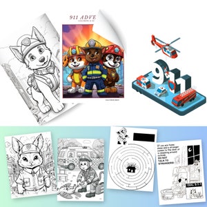 K&ouml;nnte beinhalten: Schwarz-wei&szlig;-Malvorlagen mit Figuren aus der Zeichentrickserie PAW Patrol. Die Figuren sind als Feuerwehrleute und Polizisten verkleidet. Die Seiten beinhalten ein Labyrinth, eine Szene mit einem Feuerwehrauto und eine Szene mit einem Hubschrauber. Der Text "911 ADVE COLORING & AC" und "DIAL 9-1-1" ist auf den Seiten enthalten.
