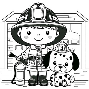 K&ouml;nnte beinhalten: Schwarz-wei&szlig;-Zeichnung eines Feuerwehrmanns mit einem Dalmatiner. Der Feuerwehrmann tr&auml;gt einen Helm und eine Jacke mit G&uuml;rtel. Der Hund tr&auml;gt einen Feuerwehrhelm. Der Feuerwehrmann h&auml;lt einen Feuerwehrschlauch und einen Feuerl&ouml;scher. Die Szene spielt vor einer Feuerwache.