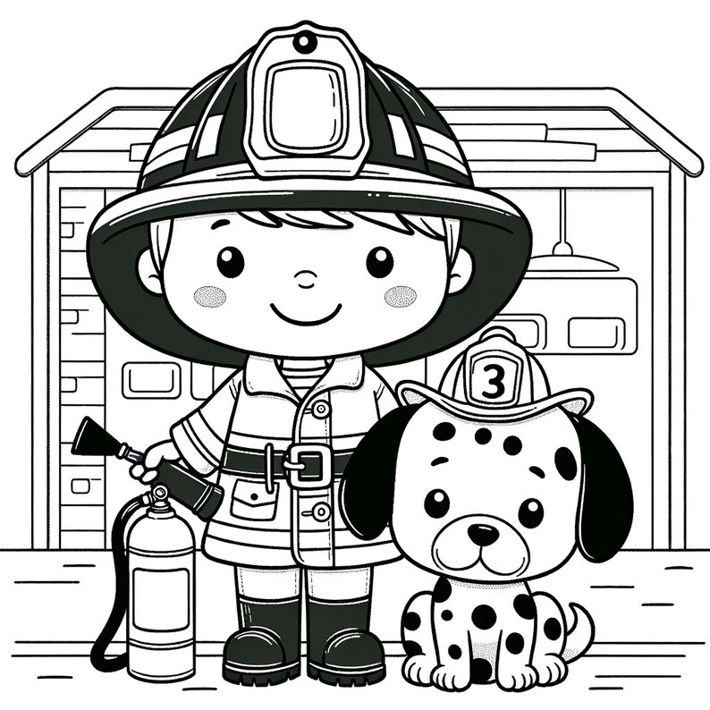 K&ouml;nnte beinhalten: Schwarz-wei&szlig;-Zeichnung eines Feuerwehrmanns mit einem Dalmatiner. Der Feuerwehrmann tr&auml;gt einen Helm und eine Jacke mit G&uuml;rtel. Der Hund tr&auml;gt einen Feuerwehrhelm. Der Feuerwehrmann h&auml;lt einen Feuerwehrschlauch und einen Feuerl&ouml;scher. Die Szene spielt vor einer Feuerwache.