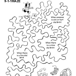 K&ouml;nnte beinhalten: Ein Schwarzwei&szlig;-Labyrinth mit einer Comicfigur am Start. Das Labyrinth f&uuml;hrt zu drei Telefonen. Der Text im Bild lautet "EMERGENCY HELP 9-1-1 MAZE" und "Find the path that leads to the phones so he can dial 9-1-1."