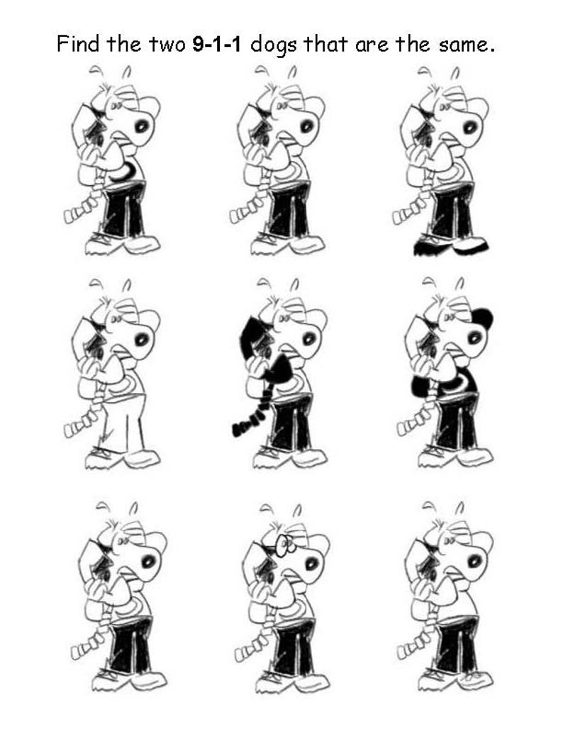 K&ouml;nnte beinhalten: Schwarz-wei&szlig;-Zeichnung von neun Hunden mit unterschiedlichen Merkmalen. Finde die beiden Hunde, die genau gleich sind. Der Text "Find the two 9-1-1 dogs that are the same." befindet sich oben im Bild.