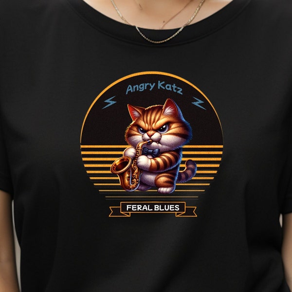 Angry Katz Sax Playing the Feline Blues Gift for Cat Lovers and Music Enthusiasts Unisex Heavy Cotton Tee