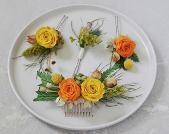 Preserved rose flowers Bridal hair comb Bridal hairpiece wedding hair accessory bridal flower decor orange  - Get a Free Set (see details)