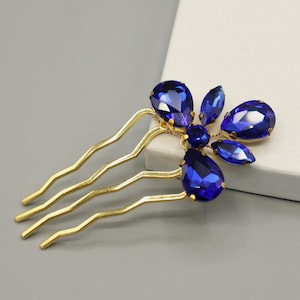 Sapphire Bridal Hair Comb – Dark Blue Piece, Gold Crystal Wedding Headpiece, Floral Hair Accessory for Bride, Bridesmaid, or Prom