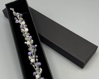 Stunning Silver Hair Vine with Bright Natural Purple Angelite Beads for Brides and Bridesmaids