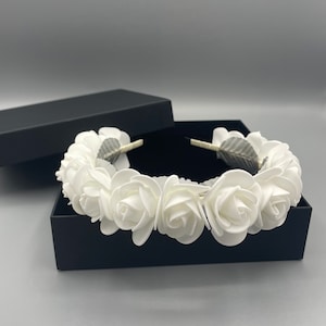 Romantic Bridal Headband with Flowers – Wedding Hair Accessories for Brides, Bridesmaids, Flower Girls with White Roses and Silver Leaves