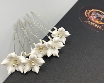 Set of 5 Hairpins in White: Featuring Floral Accents - Wedding Headpiece for Brides, Bridesmaids, or Prom - Bridal Silver Gift for Her