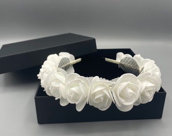 Charming Wedding Headband for Brides and Bridesmaids with Snow White Roses and Silver Leaves