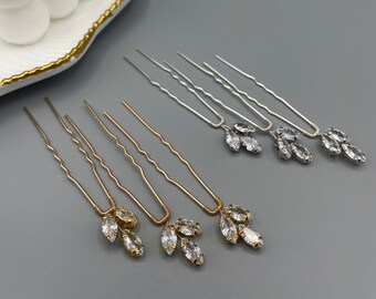 Set of 3 Crystal Hair Pins with Cubic Zirconia Stones - Bridal Sparkling Crystal Hair Accessory - Wedding Headpieces in Gold or Silver Tones