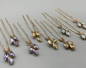 Set of 3 Opal, Champagne, or Violet Glass Crystal Hair Pins in a Gold Tone - Sparkling Bridal Headpiece, Wedding Accessory, Gift for Her