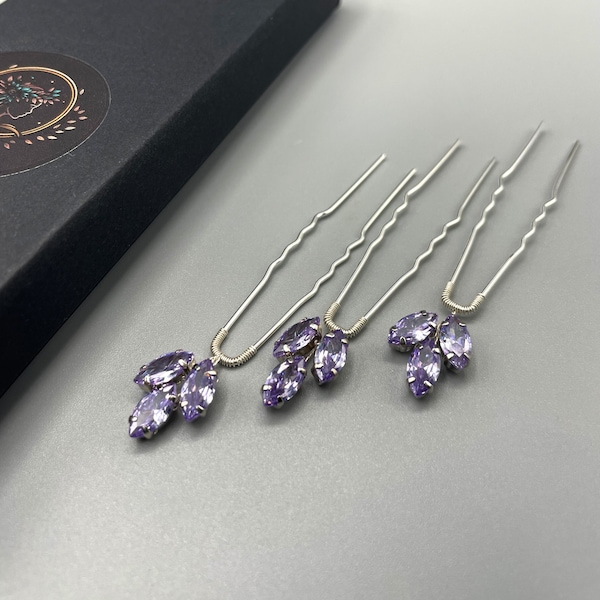 Set of 3 Lavender Zircon Crystal Hair Pins - Light Purple / Violet Bridal Headpiece, Wedding or Prom Silver Hair Accessory, Gift for Her