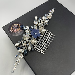 Dark Blue Bridal Hair Comb - Pearl Piece, Silver Crystal Wedding Headpiece with Flower, Floral Hair Accessory for Bride or Bridesmaid, Prom