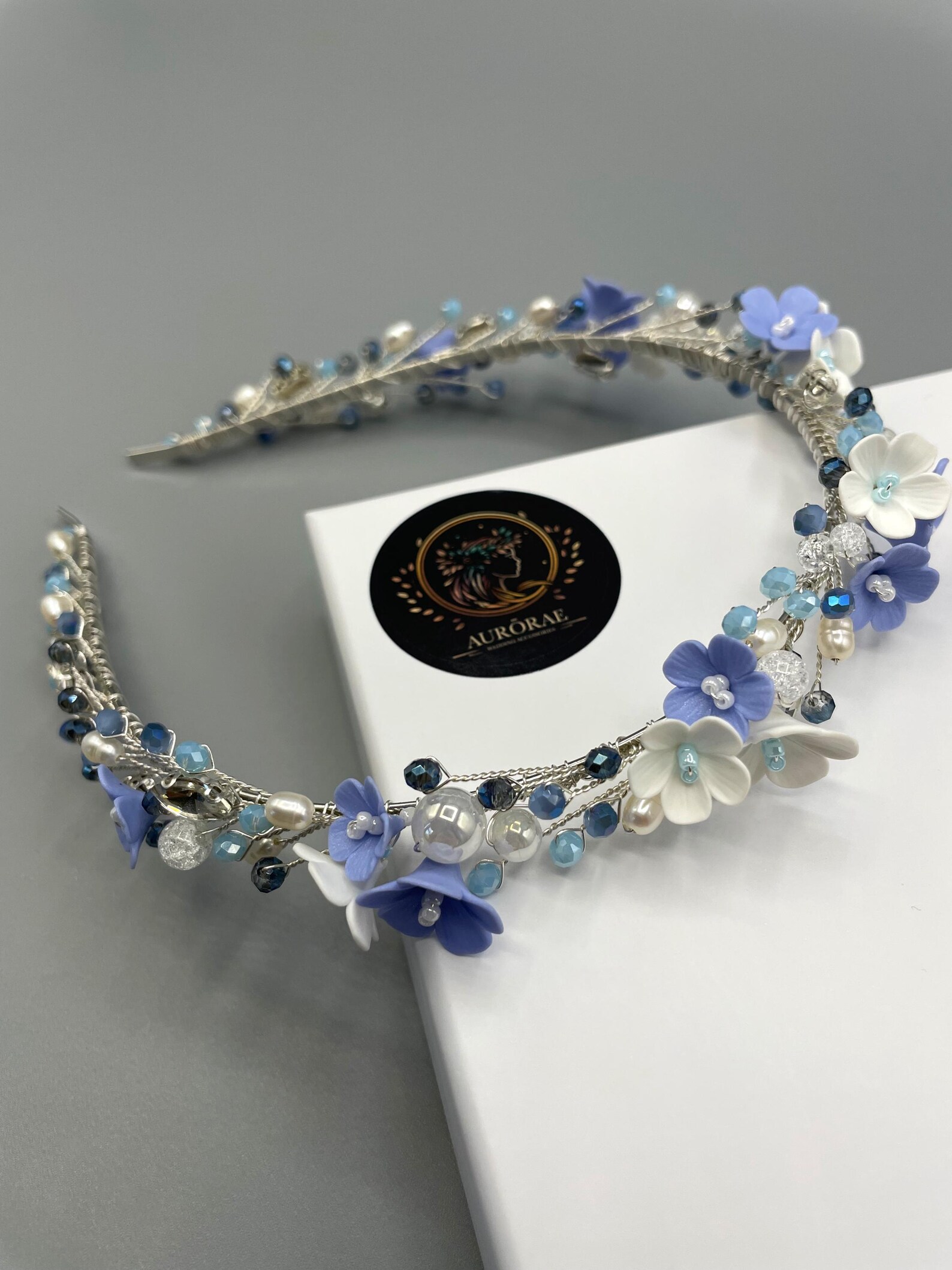 Azure Blossom: Bridal Tiara With White & Blue Flowers, Pearls ...